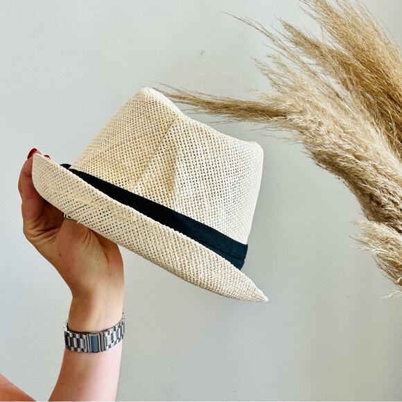 VINTAGE NORDSTROM Cream Tan Straw Wide Visor Brim Black Ribbon Fedora Sun Hat - Picture 7 of 8